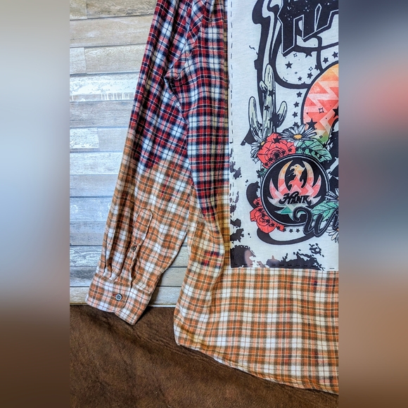 Hank Williams Jr Upcycled Handcrafted Dip Dye Bleach Flannel Shirt - Picture 3 of 16